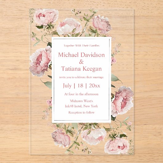 waterverf Roze Script Bloemen Bloom Wedding Acryl Uitnodigingen (Voorkant)