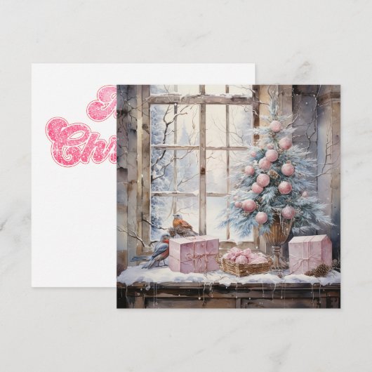 Waterverf Roze Shabby Chic Christmas Kaart (Voorkant / Achterkant)