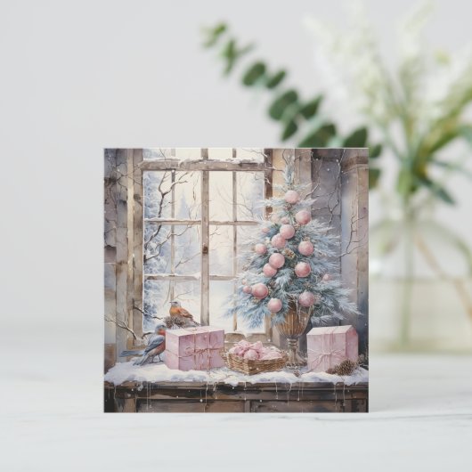 Waterverf Roze Shabby Chic Christmas Kaart (Staand voorkant)