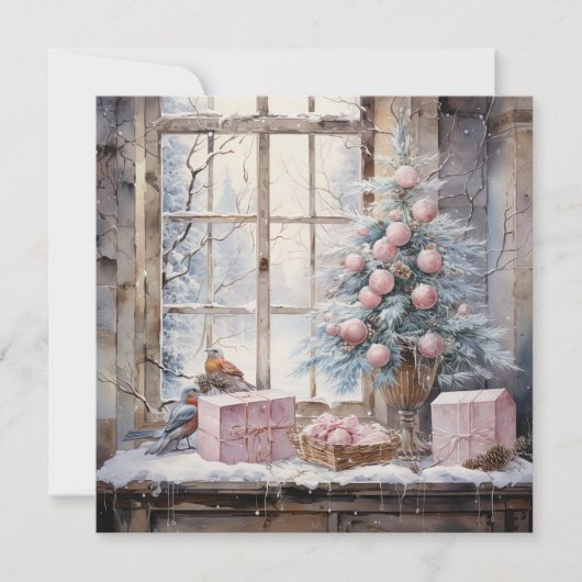 Waterverf Roze Shabby Chic Christmas Kaart (Voorkant)