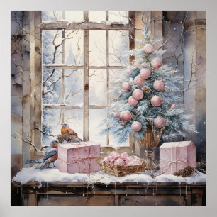 Waterverf Roze Shabby Chic Christmas Poster