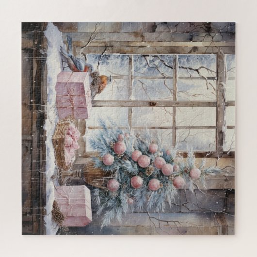 Waterverf Roze Shabby Chique Kerstpuzzel Legpuzzel (Horizontaal)