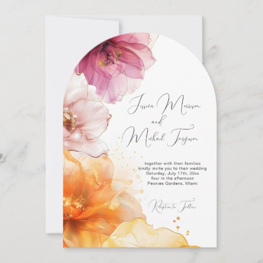 Waterverf Roze Sinaasappel Bloemen QR Code Huwelij Kaart (Voorkant)