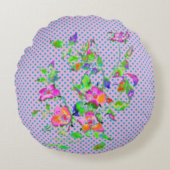  waterverf Roze sinaasappel rozen polkadots Rond Kussen (Voorkant)