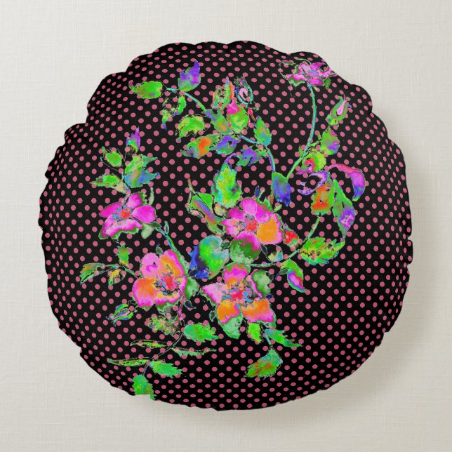  waterverf Roze sinaasappel rozen polkadots Rond Kussen (Voorkant)