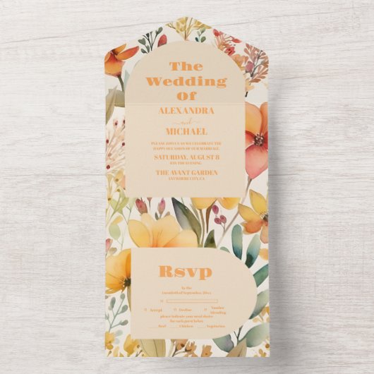 Waterverf Roze Sinaasappel Wildflowers Bruiloft All In One Uitnodiging (Binnen)