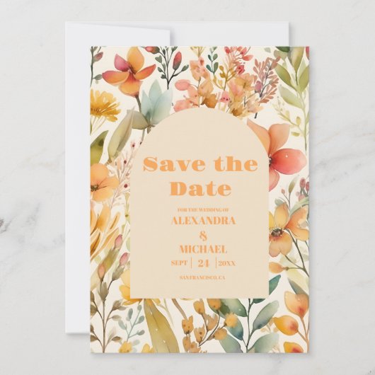 Waterverf Roze Sinaasappel Wildflowers Bruiloft Save The Date (Voorkant)