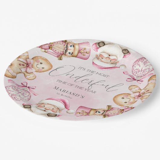 waterverf Roze Sneeuw 1e Verjaardag Kerst Papieren Bordje (Gekanteld)