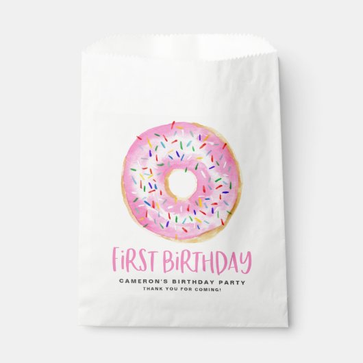 Waterverf Roze Sprinkle Donut Eerste Verjaardag Bedankzakje (Voorkant)