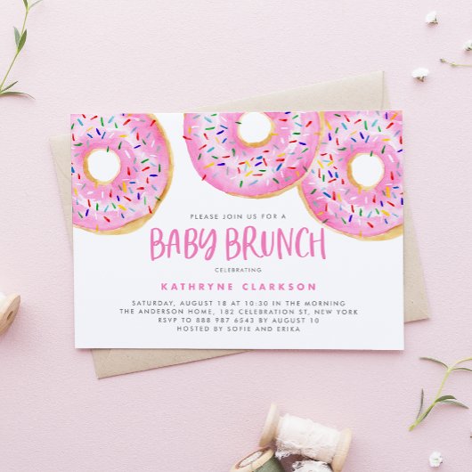 Waterverf Roze Sprinkle Donuts Baby Brunch Kaart