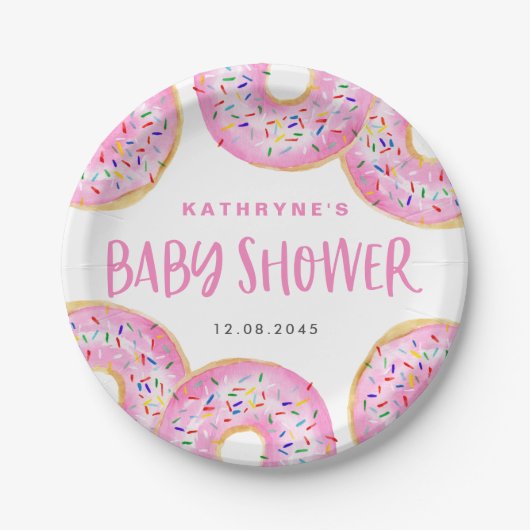 Waterverf Roze Sprinkle Donuts Baby shower Papieren Bordje (Voorkant)