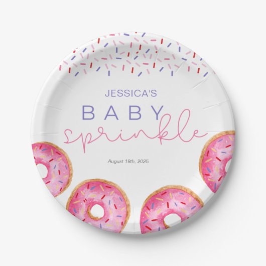 Waterverf Roze Sprinkle Donuts Baby Sprinkle Papieren Bordje (Voorkant)