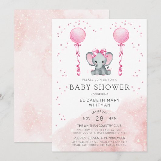 Waterverf Roze Stardust Elephant Baby shower Kaart (Voorkant / Achterkant)