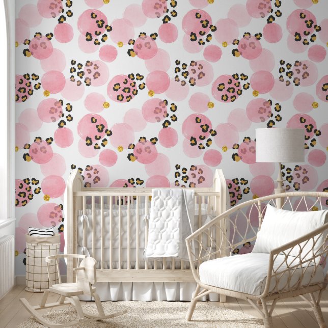 Waterverf Roze Stippen Luipaardprint Babykamer Behang (Kinderen)
