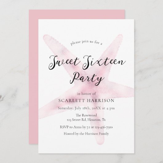 Waterverf roze strand lief zestien feest kaart (Voorkant / Achterkant)