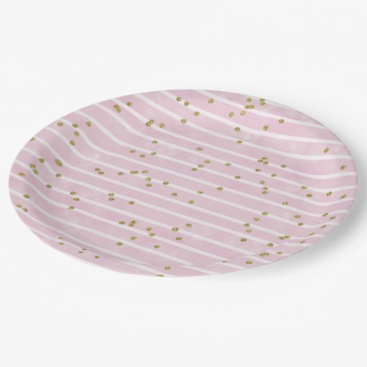 Waterverf roze streep en gouden polka dot papieren bordje (Gekanteld)