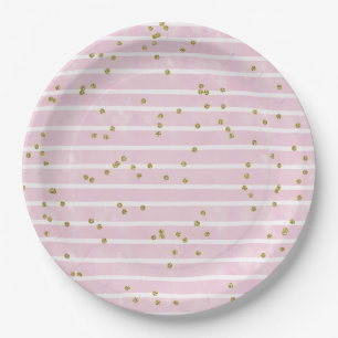 Waterverf roze streep en gouden polka dot papieren bordje