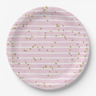 Waterverf roze streep en gouden polka dot papieren bordje