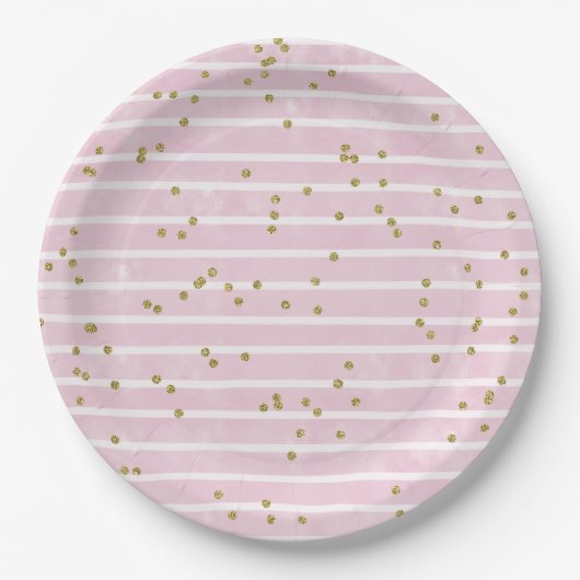 Waterverf roze streep en gouden polka dot papieren bordje (Voorkant)