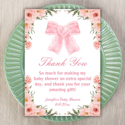 waterverf roze strik bloemenmeisje baby shower bedankkaart