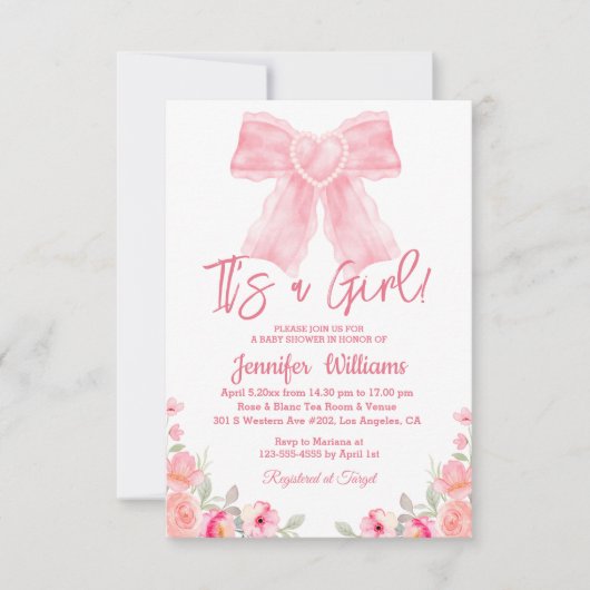 waterverf roze strik bloemenmeisje baby shower kaart (Voorkant)