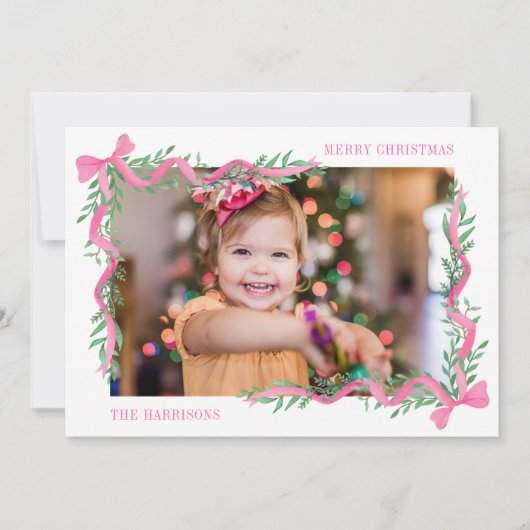 Waterverf Roze Strik Guirlande Foto Vakantiekaart Feestdagenkaart (Voorkant)