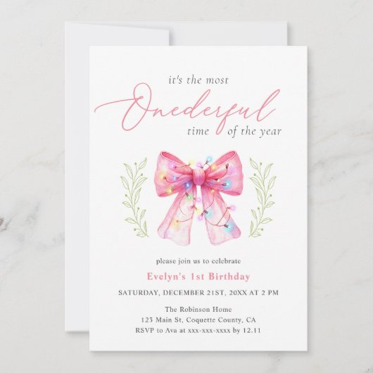 Waterverf Roze strik Kerst 1e verjaardag Kaart (Voorkant)