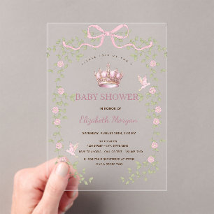 Waterverf Roze Strik Kroon Bloemboog Baby Shower Acryl Uitnodigingen