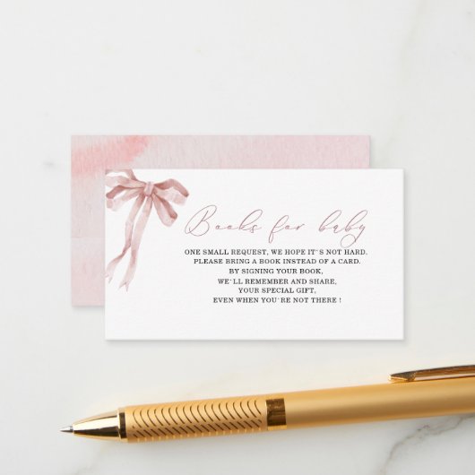 Waterverf roze strik lint baby shower boeken voor informatiekaartje (Voorkant / Achterkant in situ)