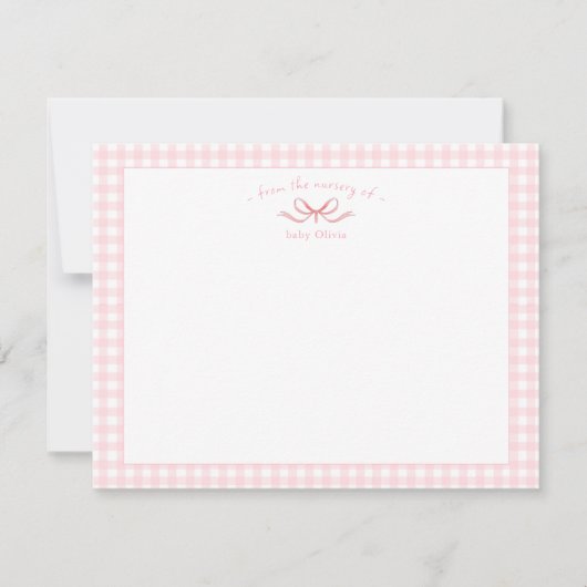 waterverf roze strik met gingham border Baby meisj Bedankkaart (Voorkant)