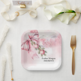 Waterverf Roze Strik met Kralen Baby Shower  Papieren Bordje