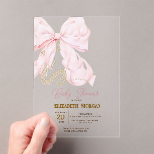 Waterverf Roze Strik Parels Stippen Baby Shower Acryl Uitnodigingen