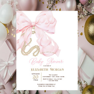 Waterverf Roze Strik Parels Stippen Baby Shower Kaart