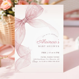 Waterverf Roze Strik Sneeuwvlok Baby Shower Kaart
