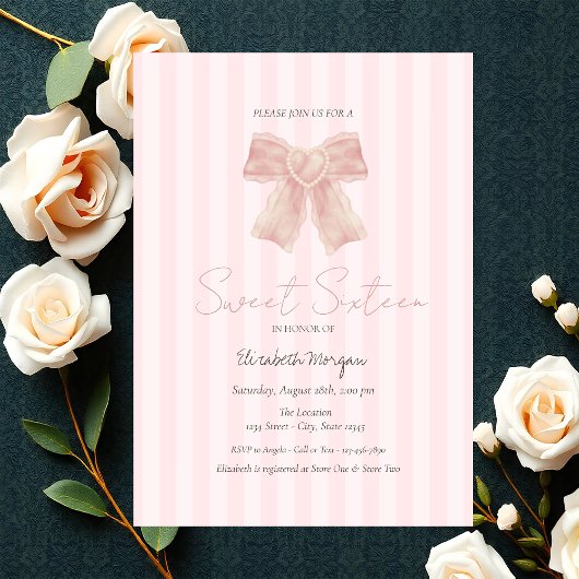 Waterverf Roze Strik Streep Sweet 16 Kaart