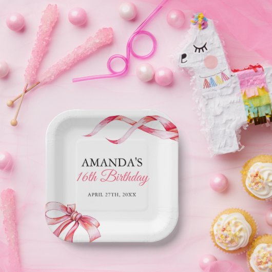Waterverf Roze Stromend Lint Sweet 16 Verjaardag Papieren Bordje (Feest)