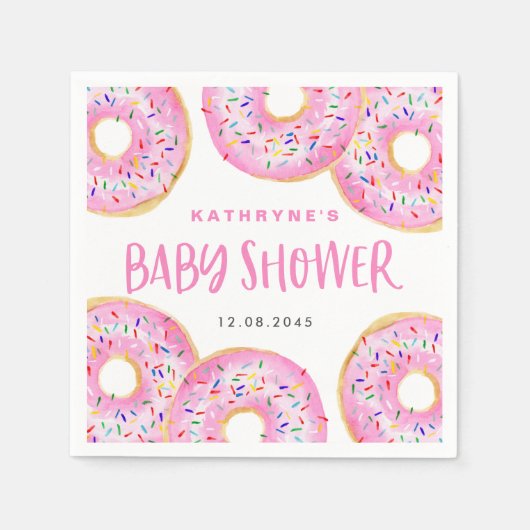 Waterverf Roze Strooide Donuts Baby Borrel Servet (Voorkant)