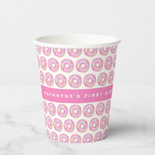 Waterverf Roze Strooide Donuts Patroon Verjaardag Papieren Bekers