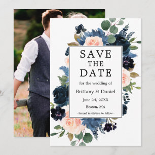 Waterverf Roze Stusty Blue Floral Foto Save The Date