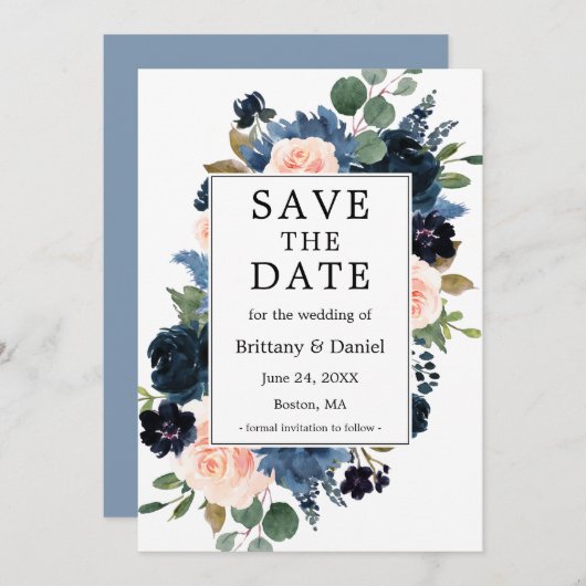 Waterverf Roze Stusty Blue Floral Lijst Save The Date (Voorkant / Achterkant)
