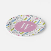 Waterverf Roze Tennis Patroon Monogram Papieren Bordje (Gekanteld)