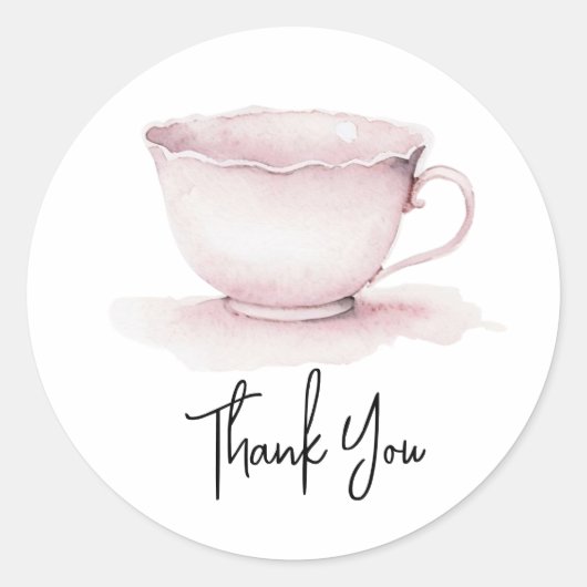 Waterverf  Roze Thee Cup Dank u Ronde Sticker (Voorkant)