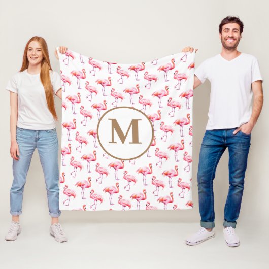 Waterverf Roze Tropisch Flamingo Monogram Initiaal Fleece Deken (In situ)