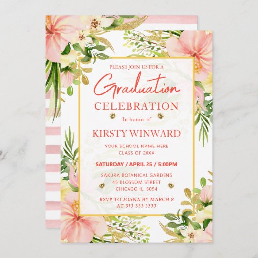 Waterverf Roze Tropische Bloemen Afstuderen Kaart (Voorkant / Achterkant)