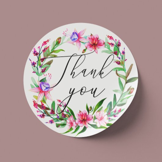 Waterverf roze tropische bloemenbruiloft dank u ronde sticker