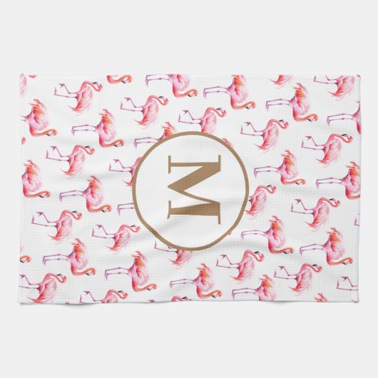 Waterverf Roze Tropische Flamingo Aangepaste Monog Theedoek (Horizontaal)