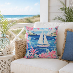 Waterverf Roze Tropische Zeilboot Kust Outdoor Kussen