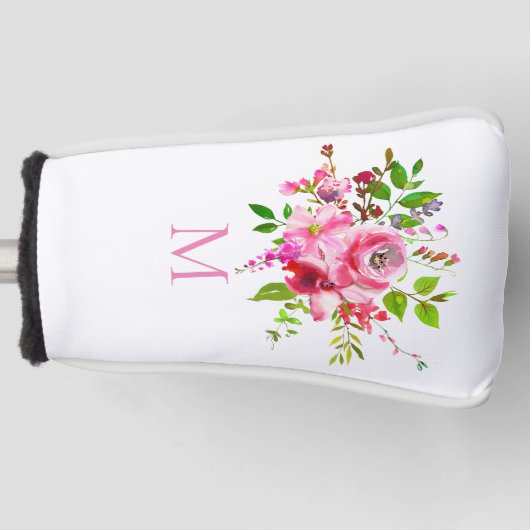 Waterverf Roze Tuin Bloemen Monogram Golfheadcover (Voorkant)