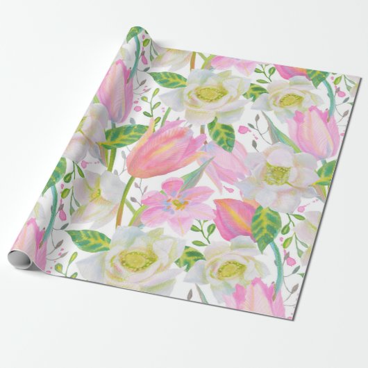 Waterverf Roze Tulp Bloempatroon Gift Cadeaupapier (Uitgerold)