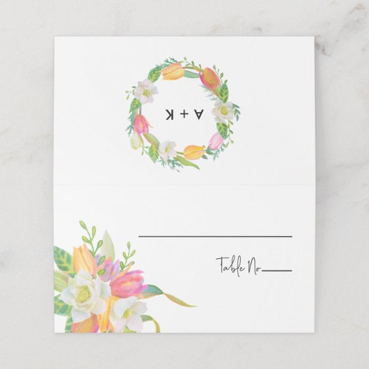 Waterverf Roze Tulp Bruiloft Monogram Plaats Kaart Plaatskaartje (Buitenkant ongevouwen)